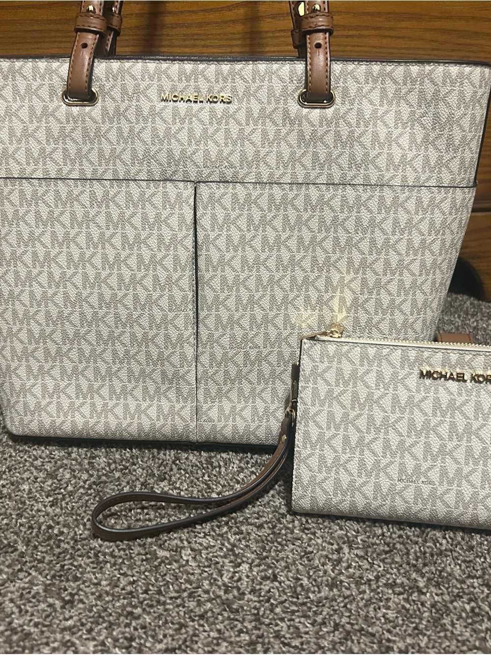 Michael Kors Cream and Brown Signature Logo Tote with Wristlet